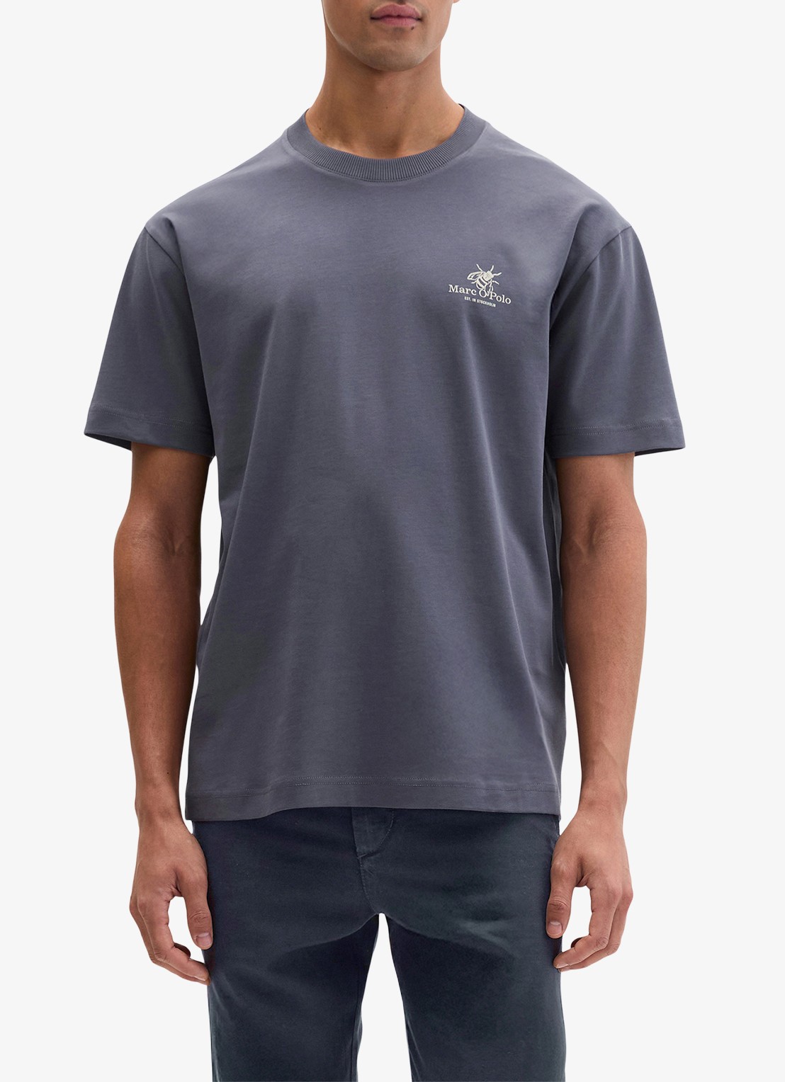 Marc O'Polo T-shirt met logo- en backprint - detail 4 blauwgrijs