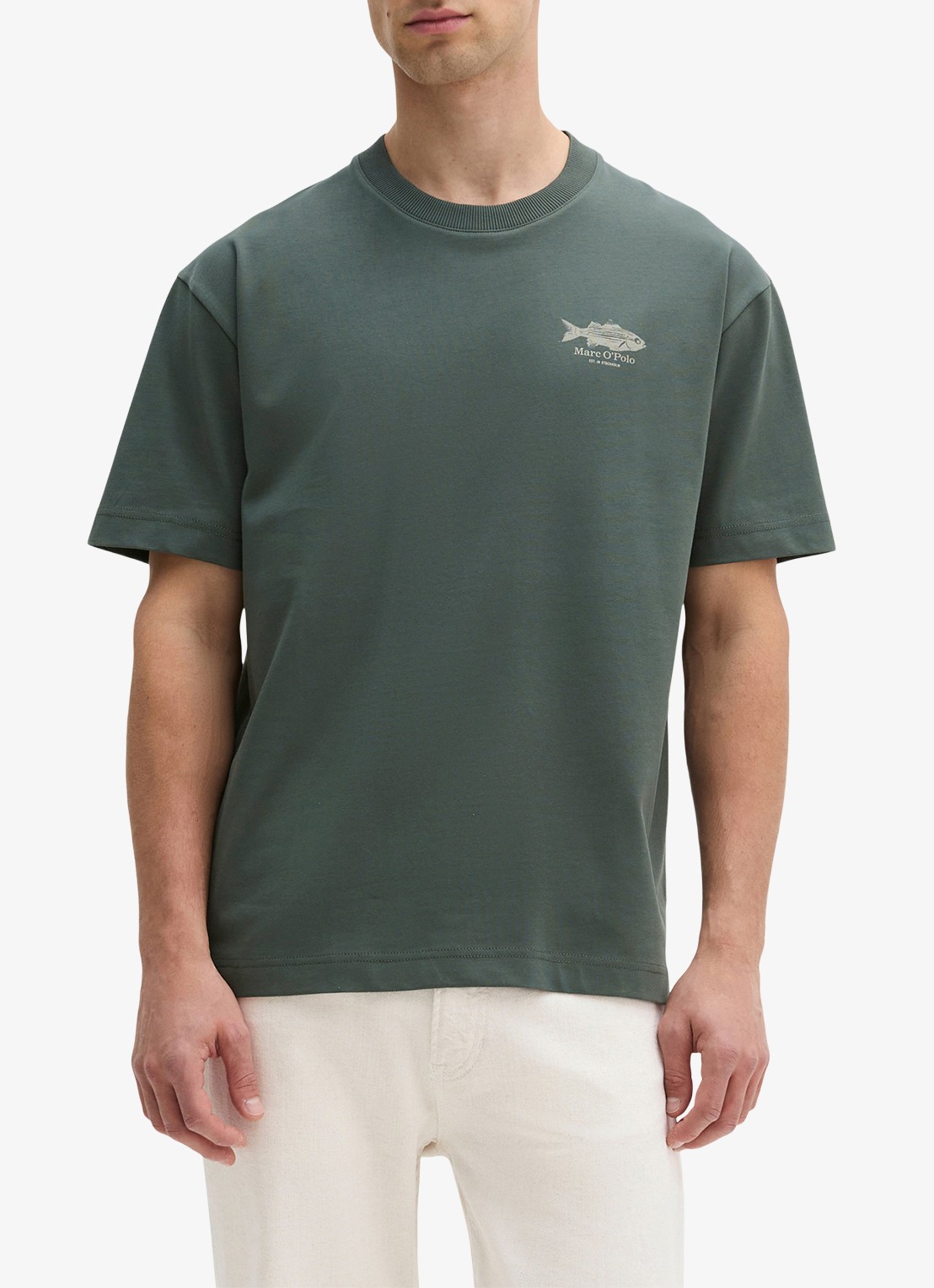 Marc O'Polo T-shirt met logo- en backprint - detail groen