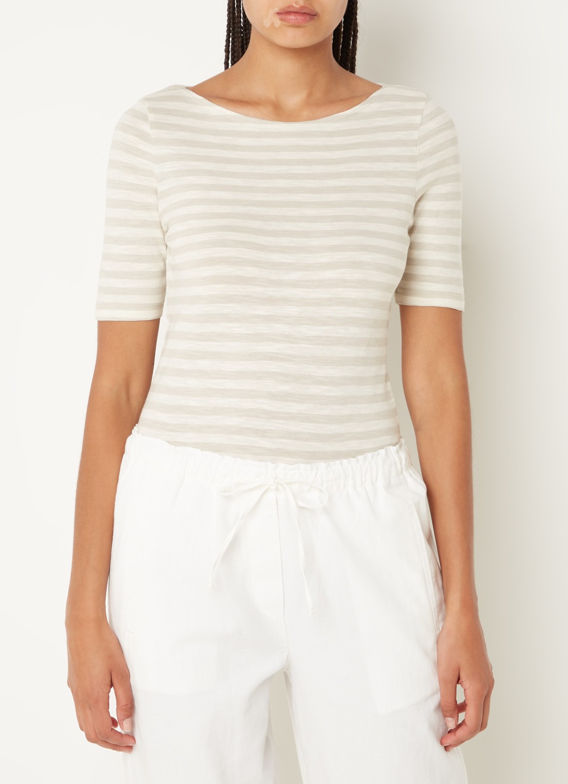 Marc O'Polo T-shirt met streepprint en stretch - detail 3 grijs