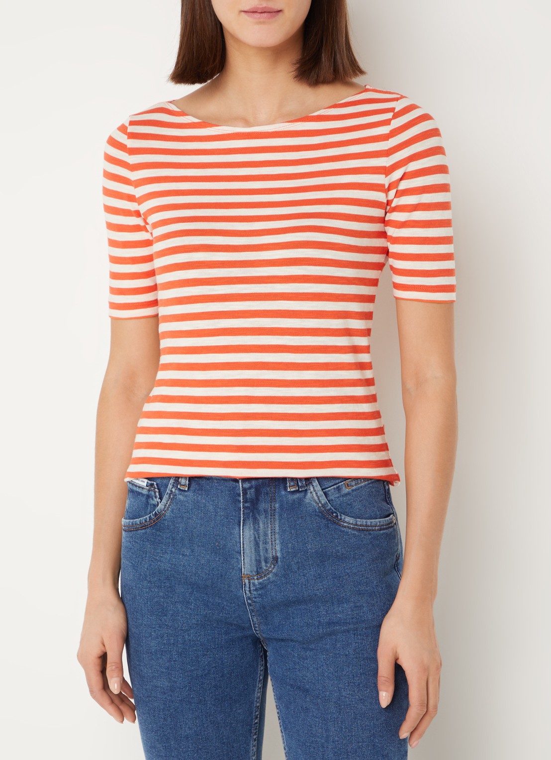 Marc O'Polo T-shirt met streepprint en stretch - detail 3 oranjerood