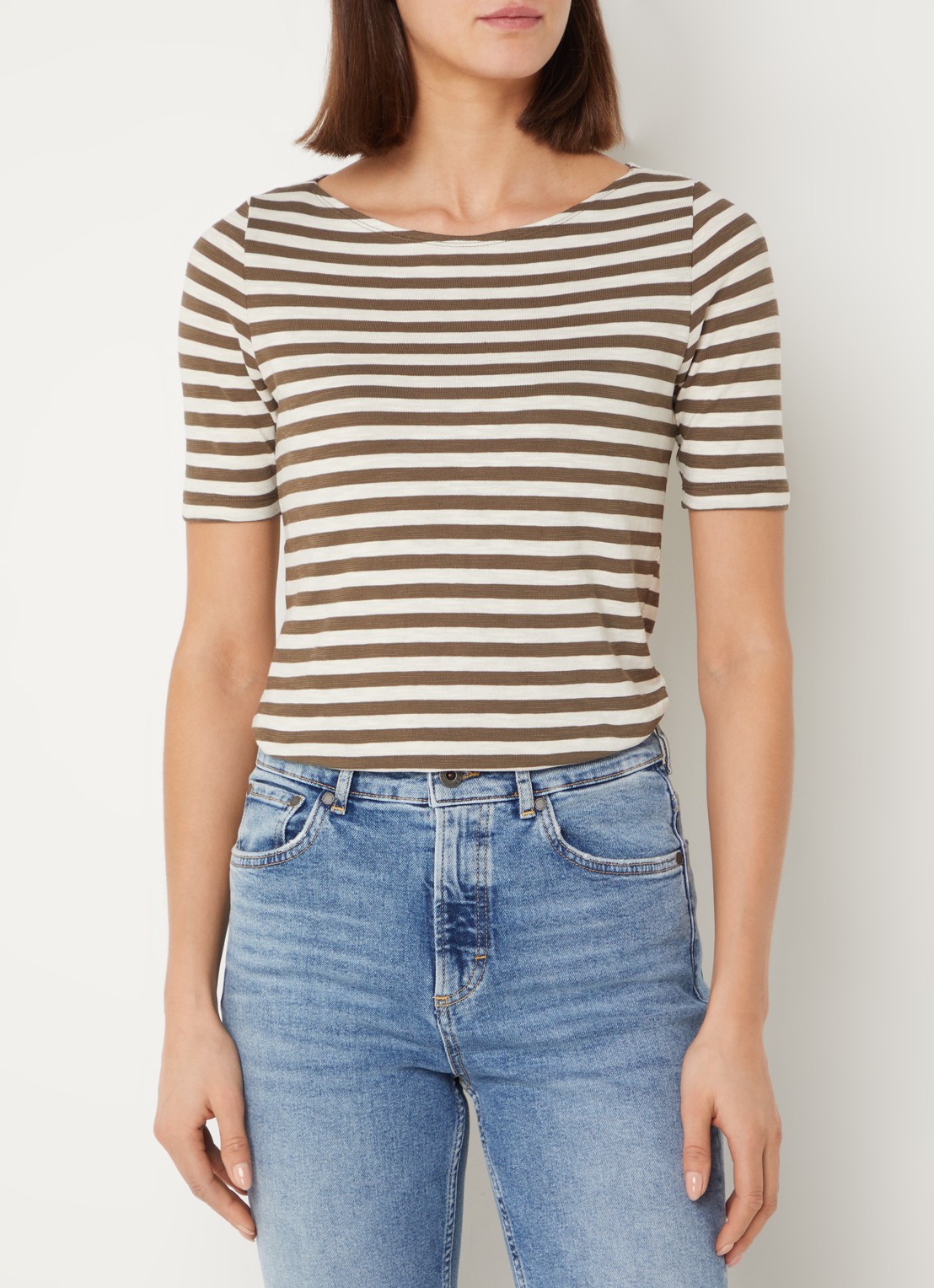 Marc O'Polo T-shirt met streepprint en stretch - detail 3 lichtbruin