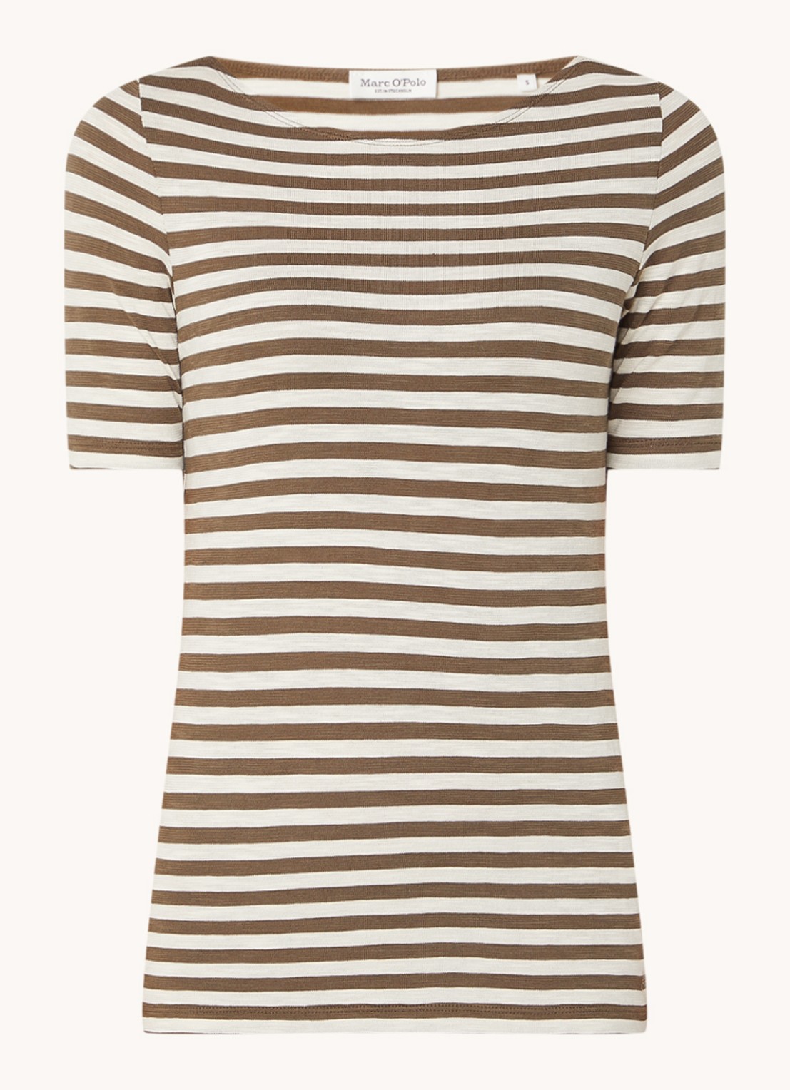 Marc O'Polo T-shirt met streepprint en stretch - voorkant lichtbruin