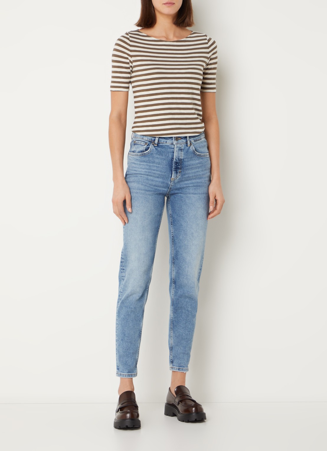 Marc O'Polo T-shirt met streepprint en stretch - voorkant 2 lichtbruin