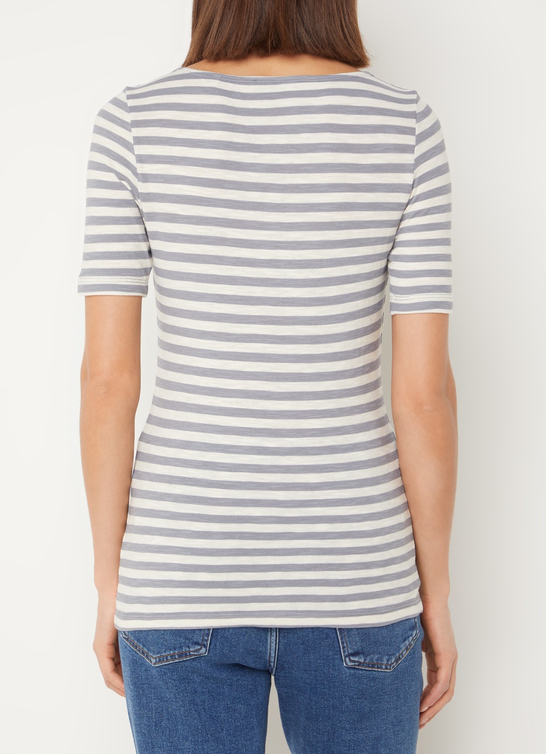 Marc O'Polo T-shirt met streepprint en stretch - achterkant 4 lichtgrijs