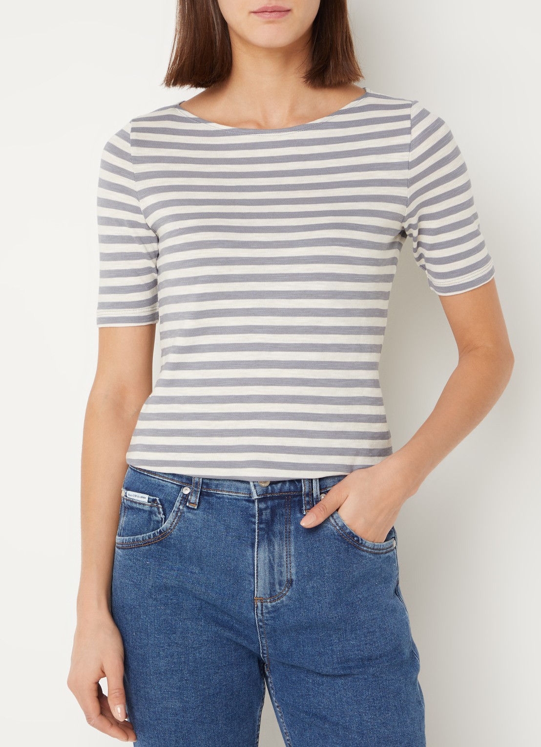Marc O'Polo T-shirt met streepprint en stretch - detail 3 lichtgrijs