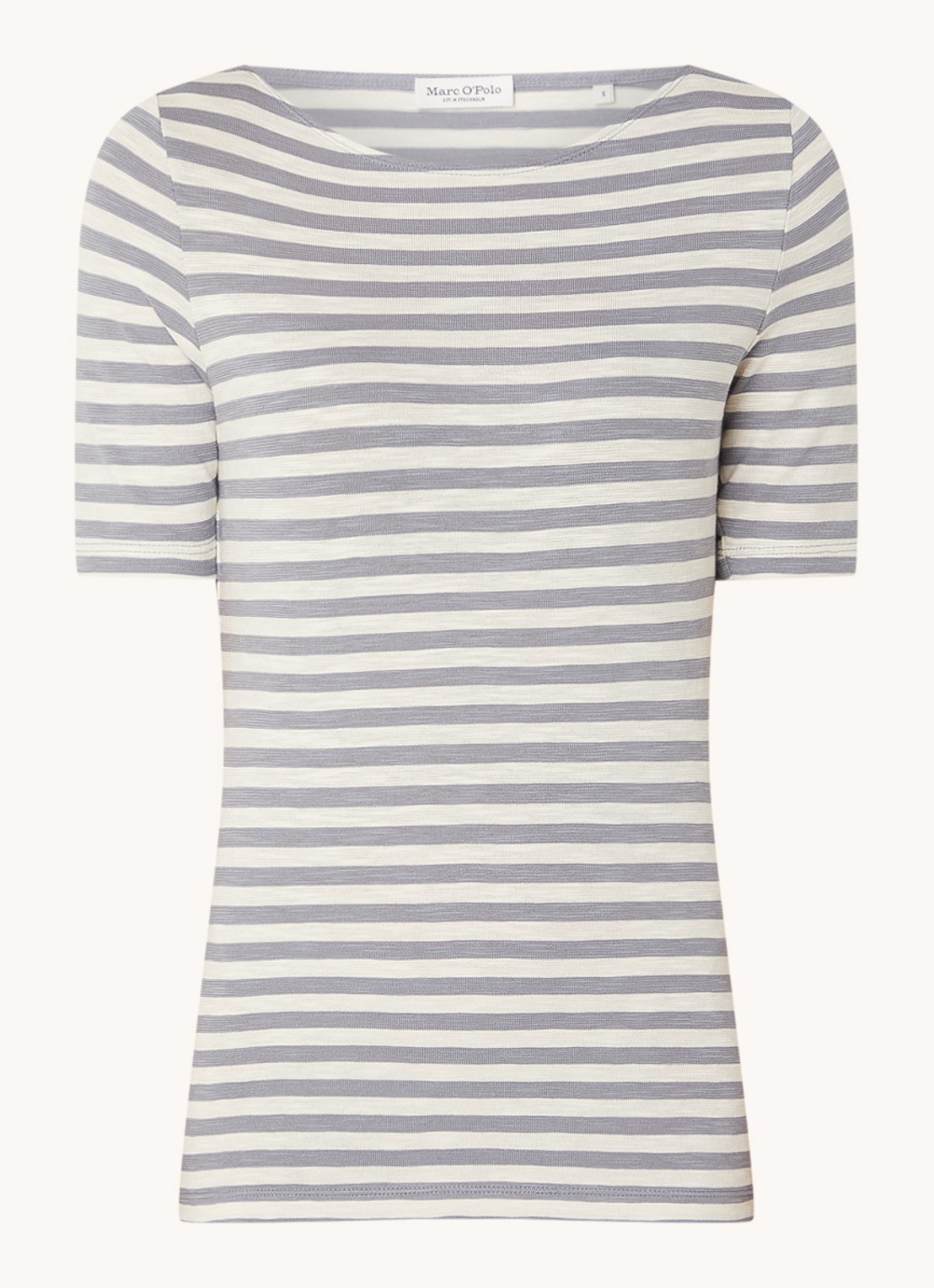Marc O'Polo T-shirt met streepprint en stretch - voorkant lichtgrijs