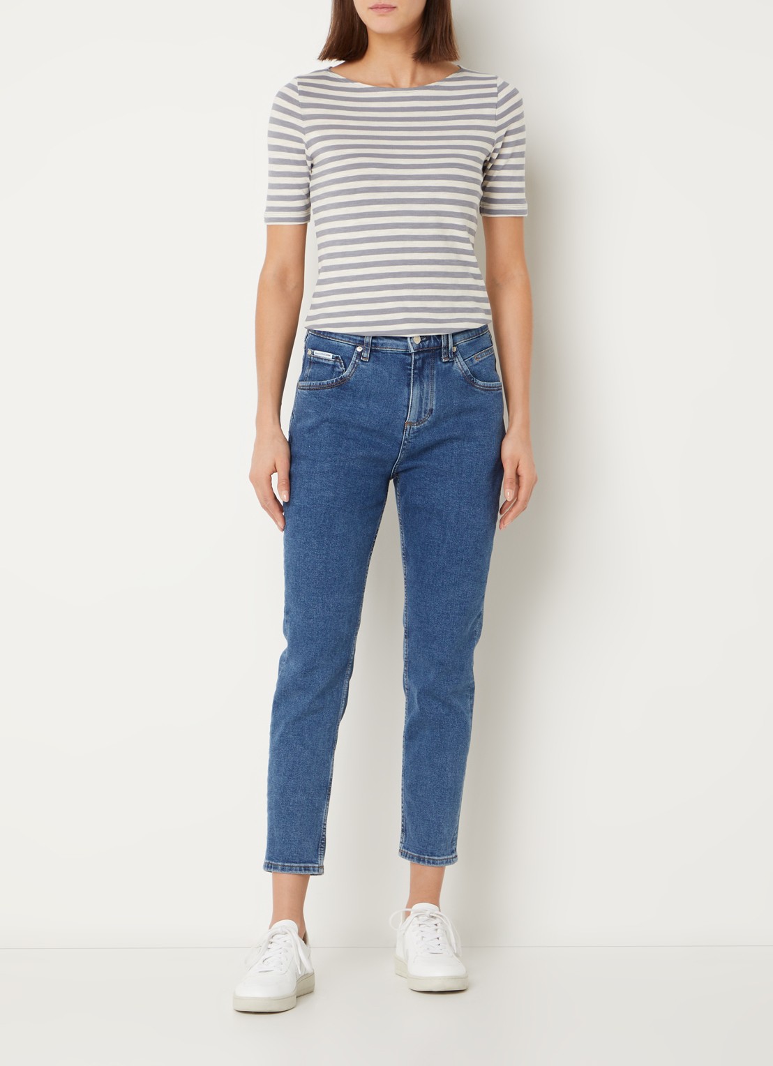 Marc O'Polo T-shirt met streepprint en stretch - voorkant 2 lichtgrijs
