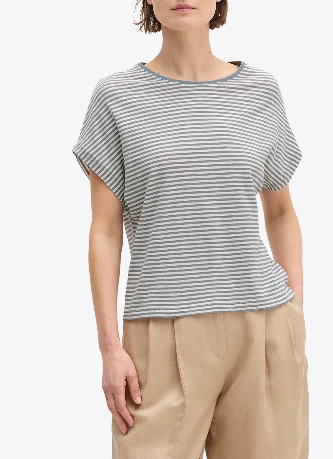 Marc O'Polo T-shirt met streepprint en vleermuismouw - detail aqua-5366 / blauw