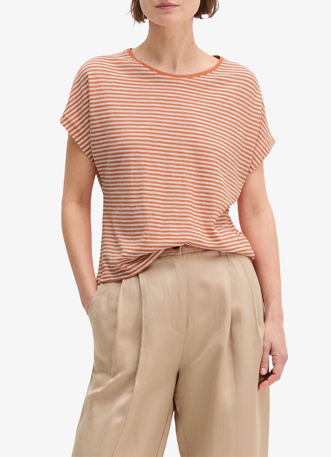 Marc O'Polo T-shirt met streepprint en vleermuismouw - detail medium orange_multi_2-9430 / oranje