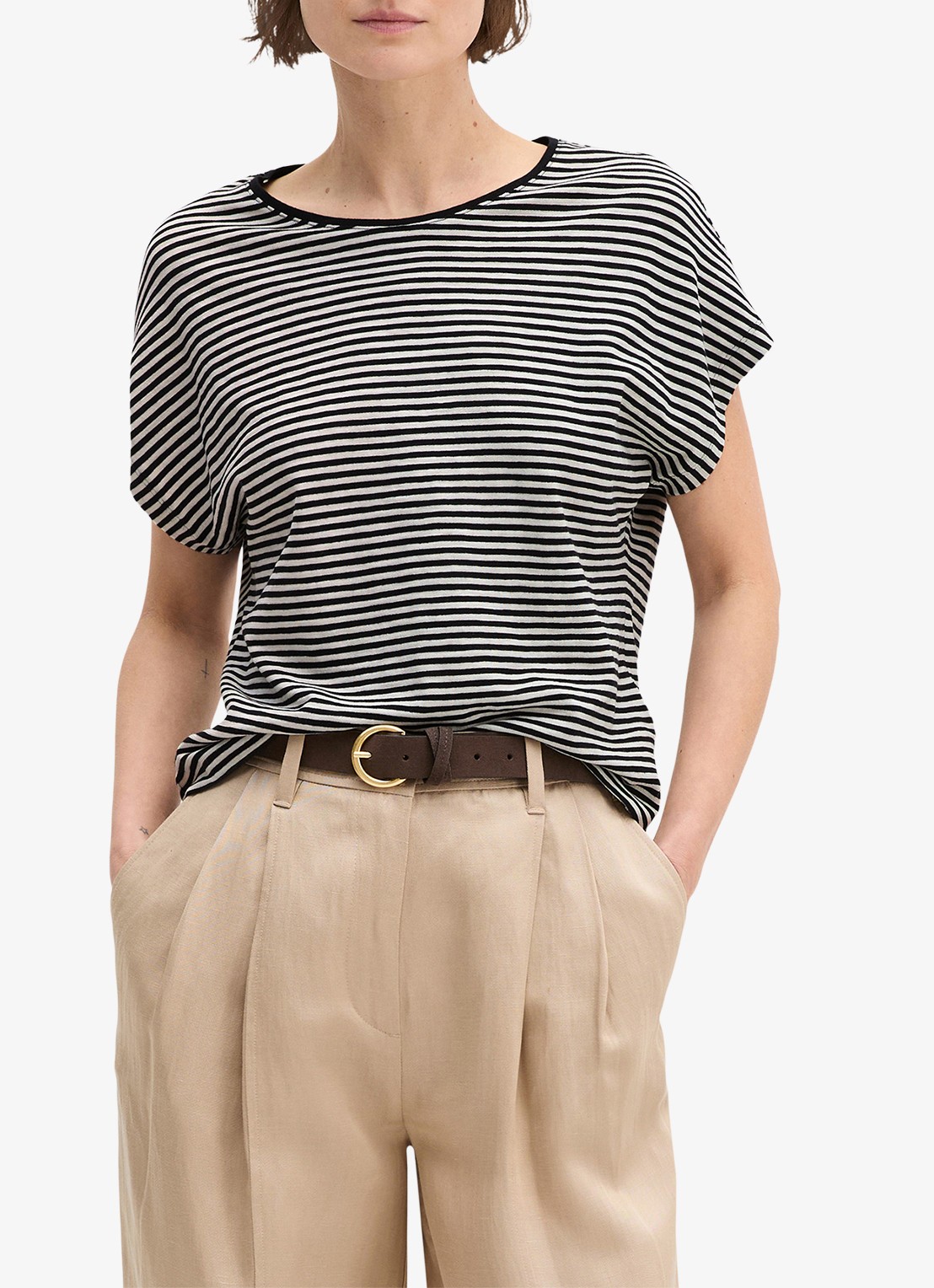 Marc O'Polo T-shirt met streepprint - detail black-0100 / zwart