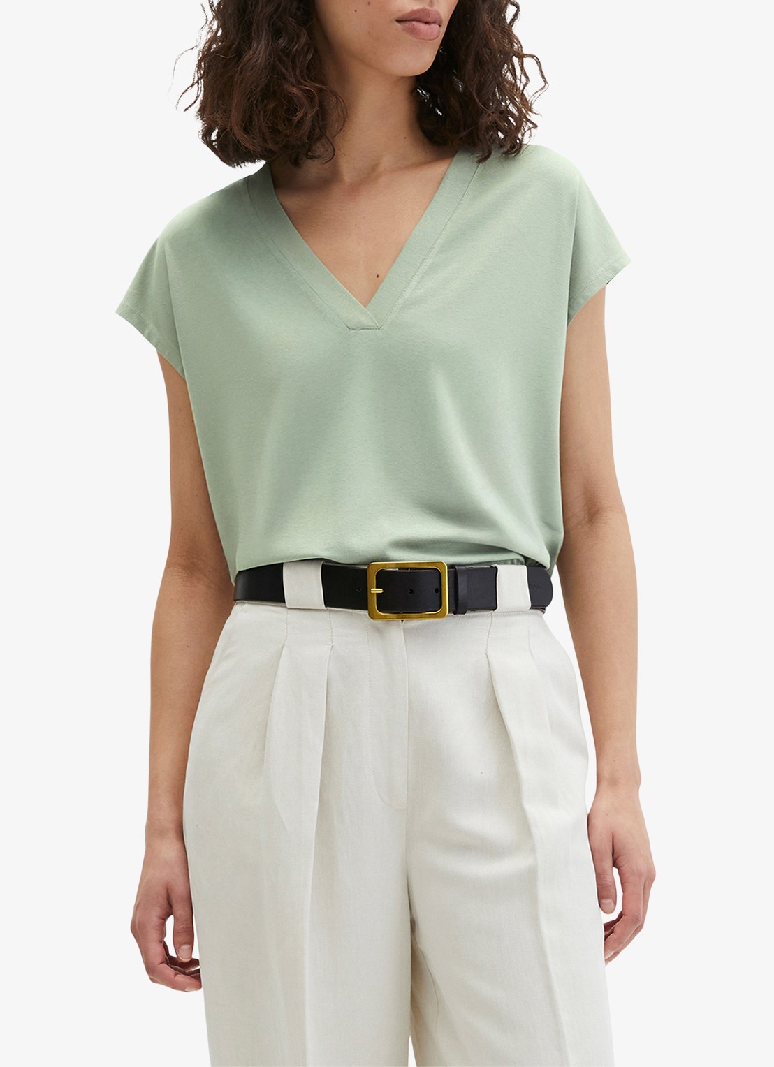 Marc O'Polo T-shirt met V-hals - detail 3 lindegroen