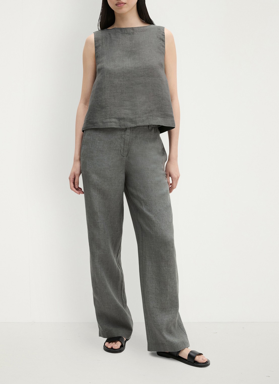 Marc O'Polo Top van linnen met strikdetail - voorkant 3 slate grey melange-0777 / grijs