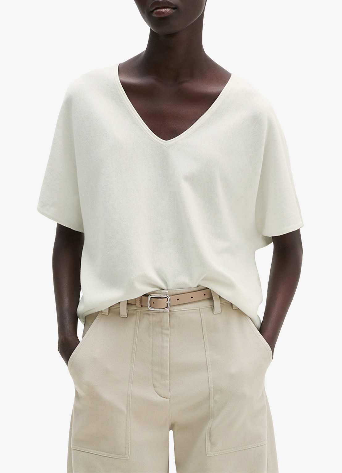 Marc O'Polo Trui met V-hals - detail 3 white cotton / wit