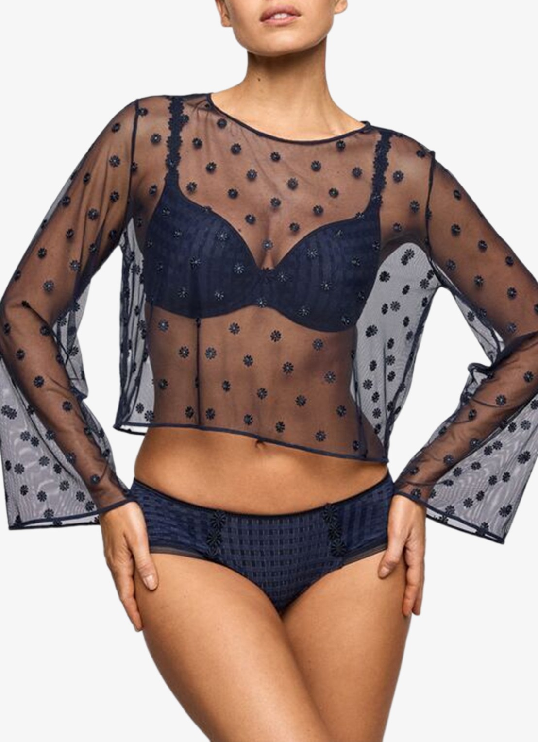 Marie Jo Avero lingerie top van mesh met bloemborduring - detail 3 donkerblauw