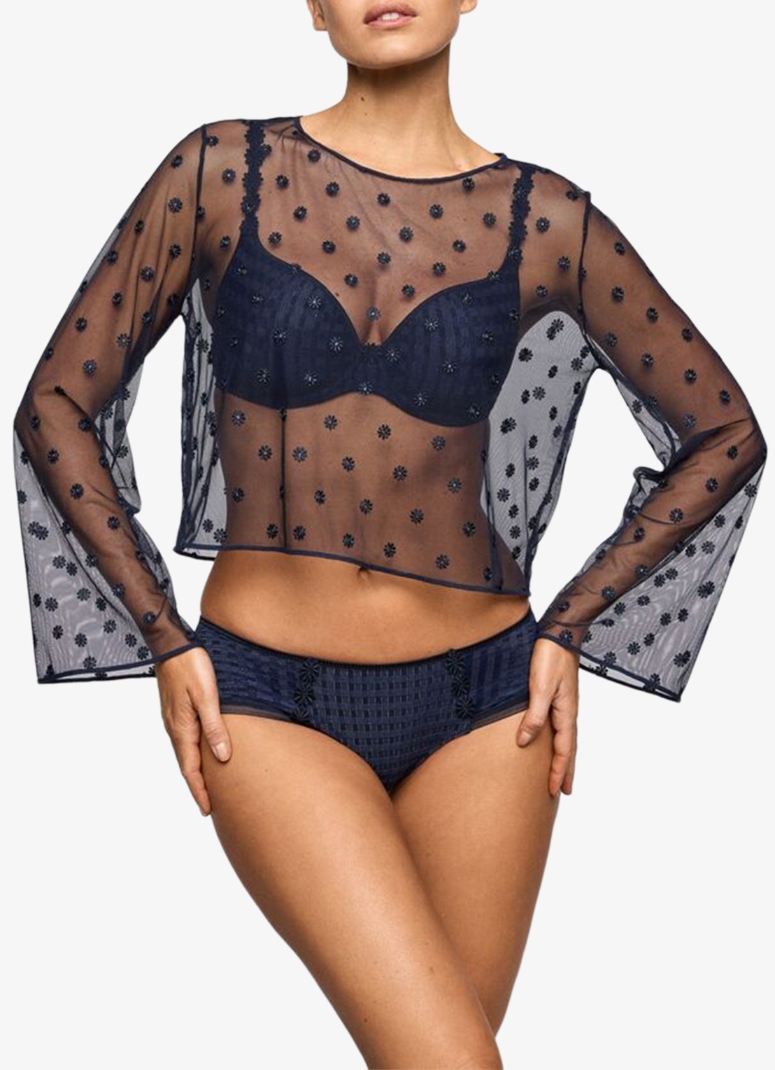 Marie Jo Avero lingerie top van mesh met bloemborduring - voorkant 2 donkerblauw