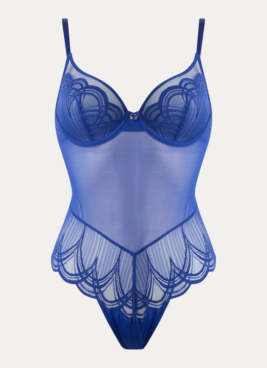 Marie Jo Cathia semi-transparante plunge body met kant - voorkant royalblauw