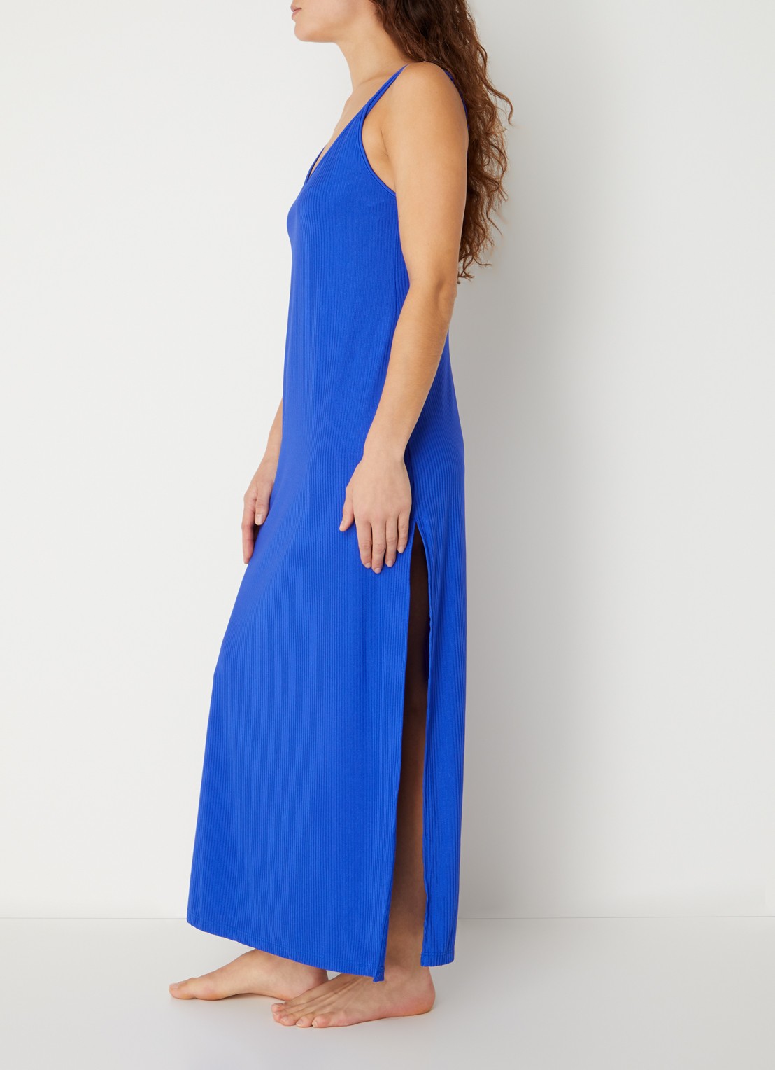 Marie Jo Emly maxi strandjurk met spaghetti bandjes en ribstructuur - voorkant 4 kobaltblauw