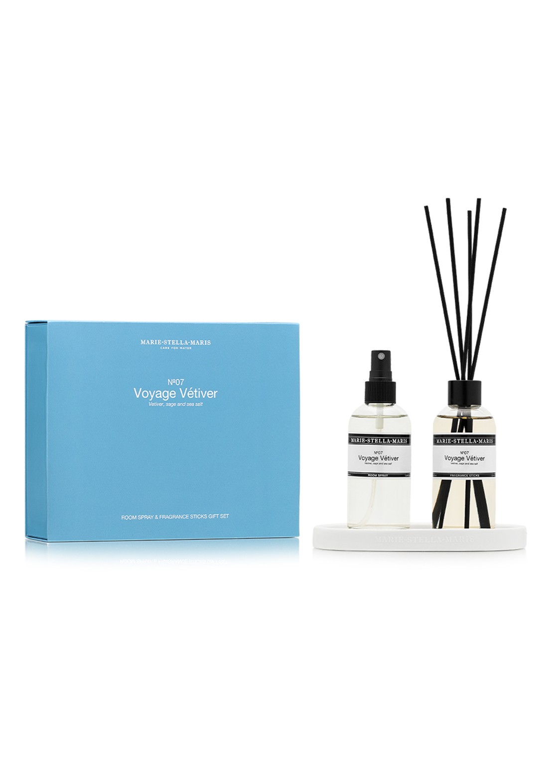 Marie-Stella-Maris No.07 Voyage Vétiver roomspray en geurstokjes - giftset - voorkant wit