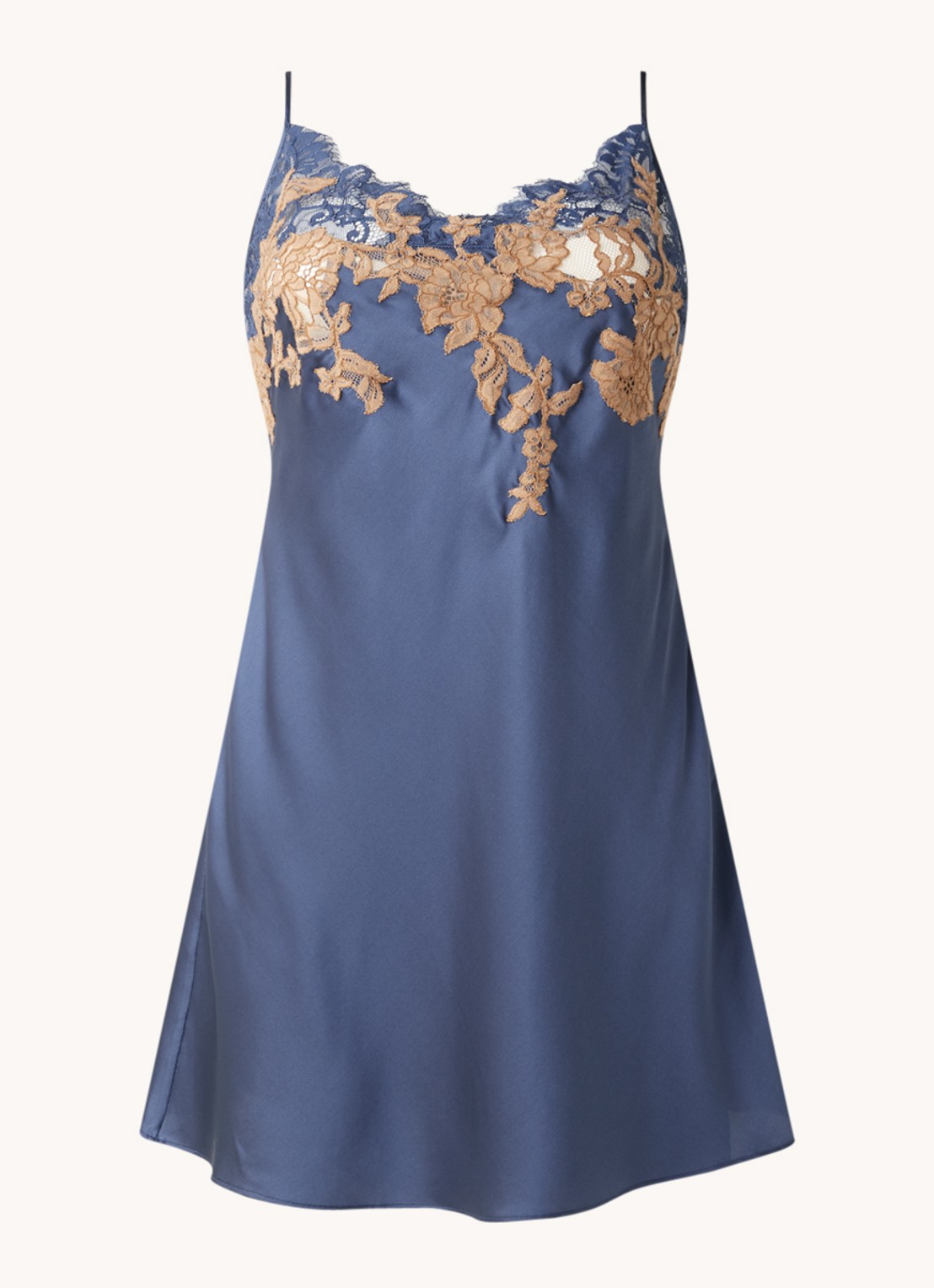 Marjolaine Nina slipdress van zijde met borduring - voorkant donkerblauw
