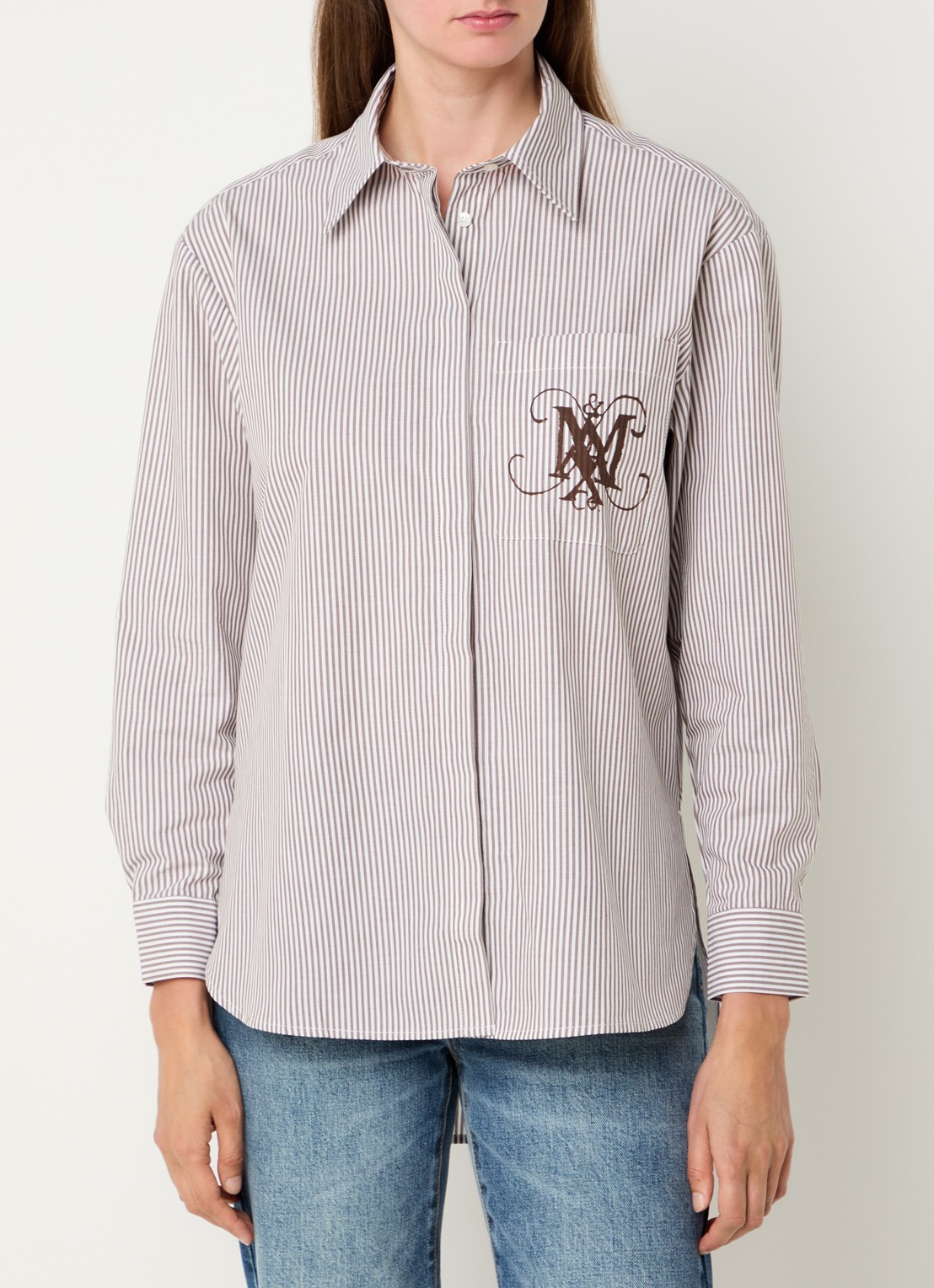 Max & Co Babila blouse met streepprint en logoprint - achterkant 3 bruin