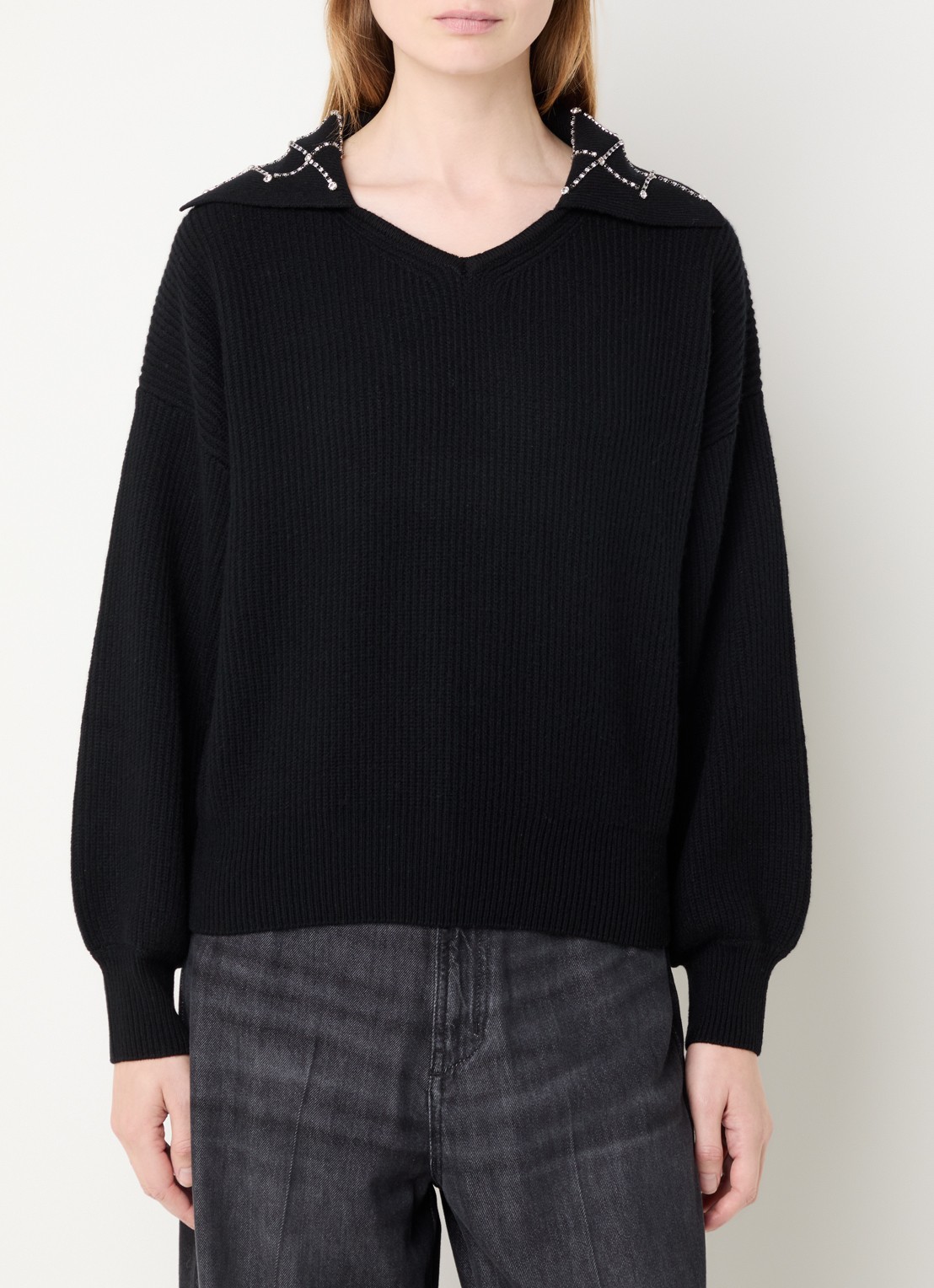 Max & Co Faust grofgebreide trui in kasjmierblend met strass - detail 3 zwart