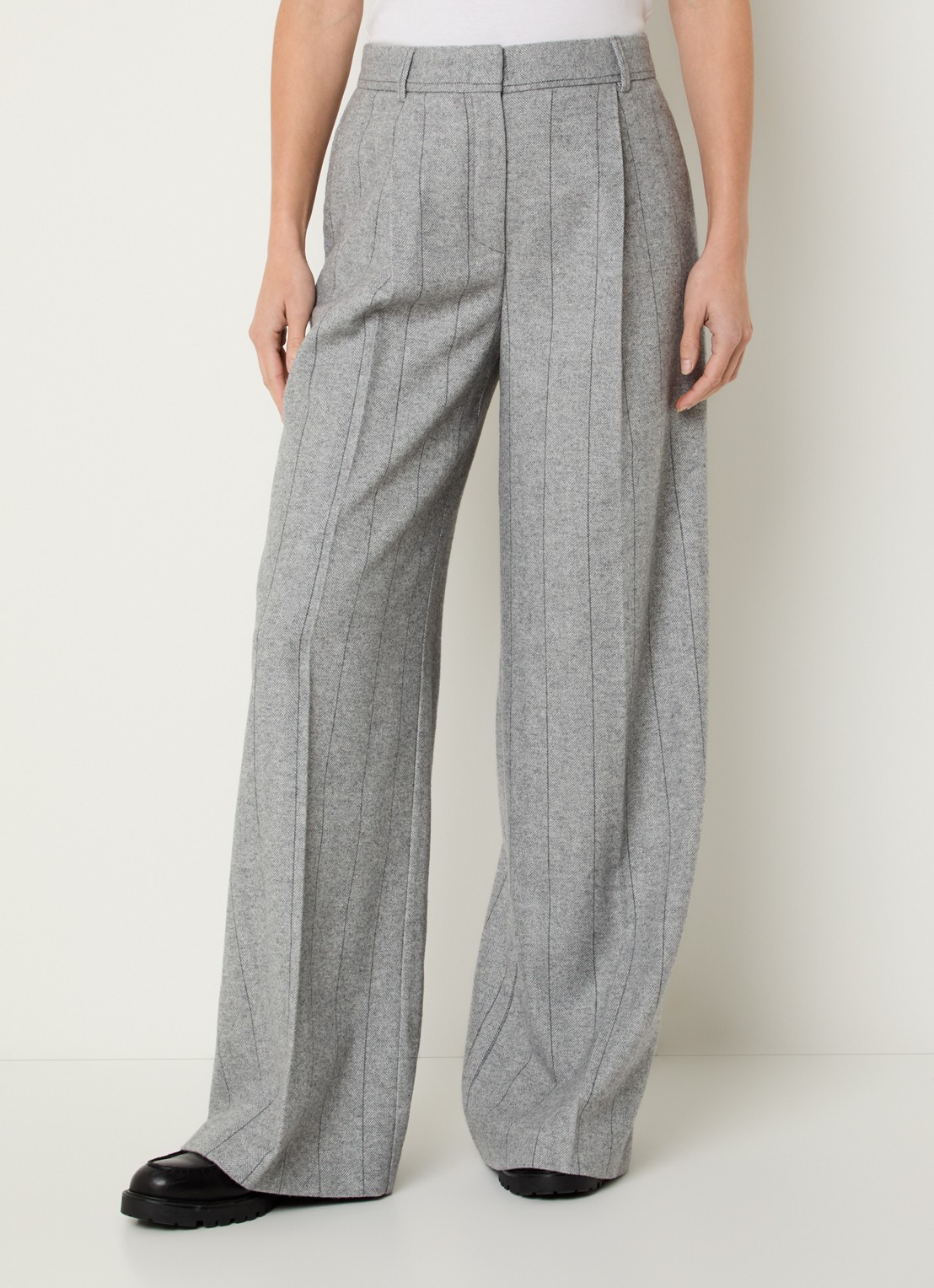 Max & Co High waist wide fit pantalon in wolblend met visgraatdessin - detail grijsmele