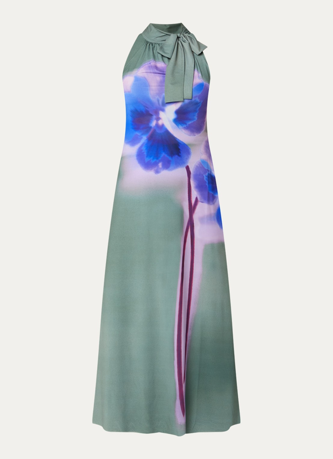Max & Co Lorena midi jurk met bloemenprint en sjaalkraag - voorkant olijfgroen
