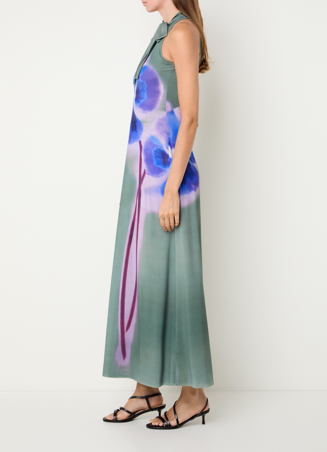 Max & Co Lorena midi jurk met bloemenprint en sjaalkraag - voorkant 2 olijfgroen