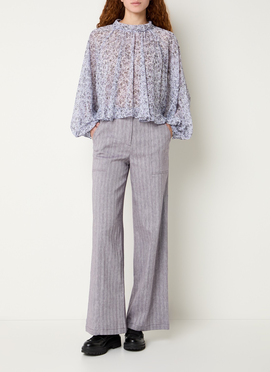 Max & Co Mid waist wide fit pantalon in linnenblend - voorkant 4 taupe