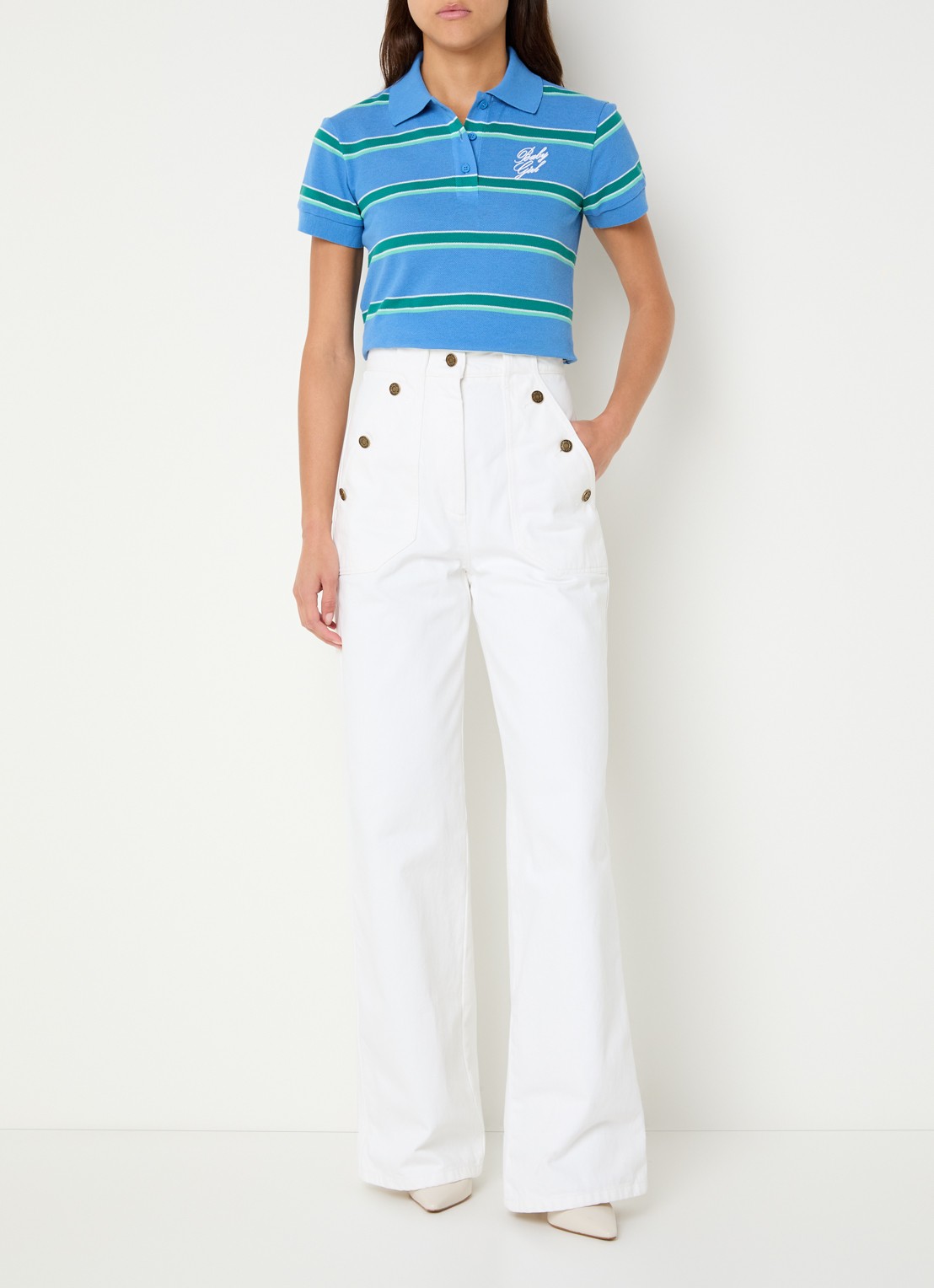 Max & Co Polo met logo en streepprint - voorkant 2 blauw