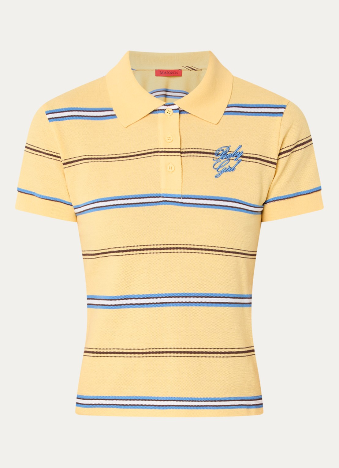 Max & Co Polo met logo en streepprint - voorkant 3 citroengeel