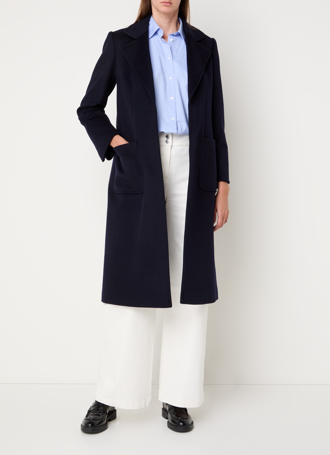 Max & Co Runaway mantel van wol met strikceintuur en opgestikte zakken - voorkant 2 donkerblauw