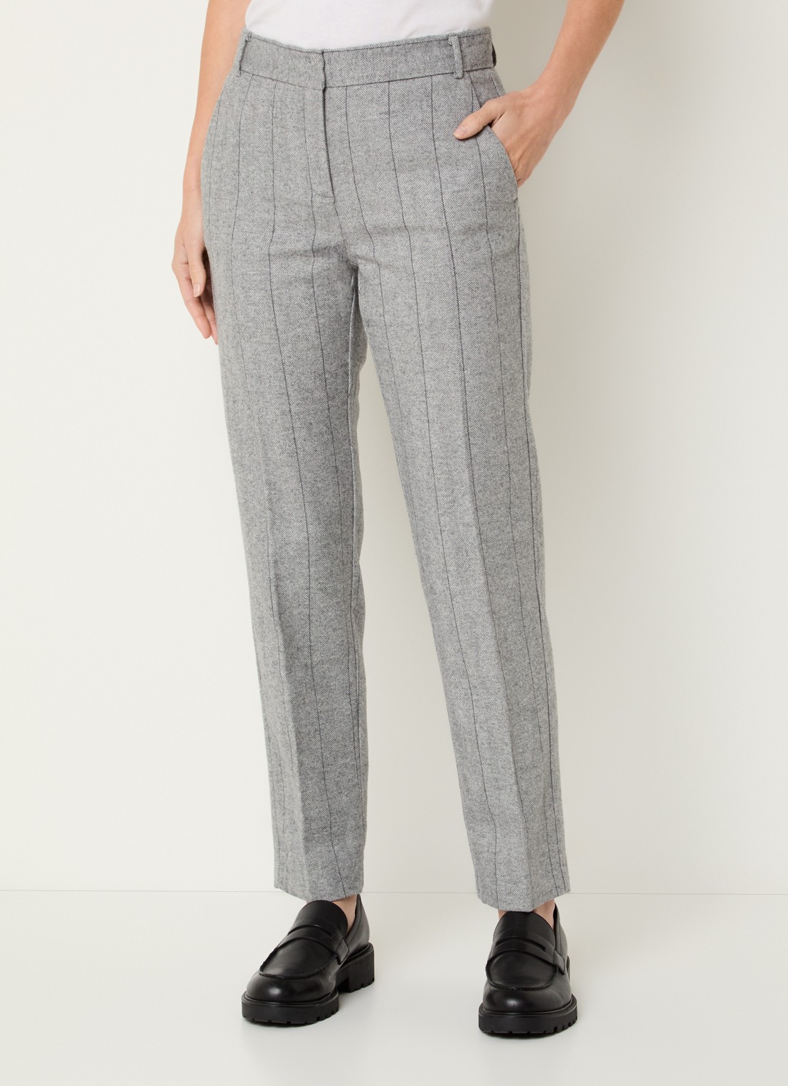 Max & Co Svezia mid waist slim fit pantalon in wolblend met visgraatdessin - detail 2 grijsmele