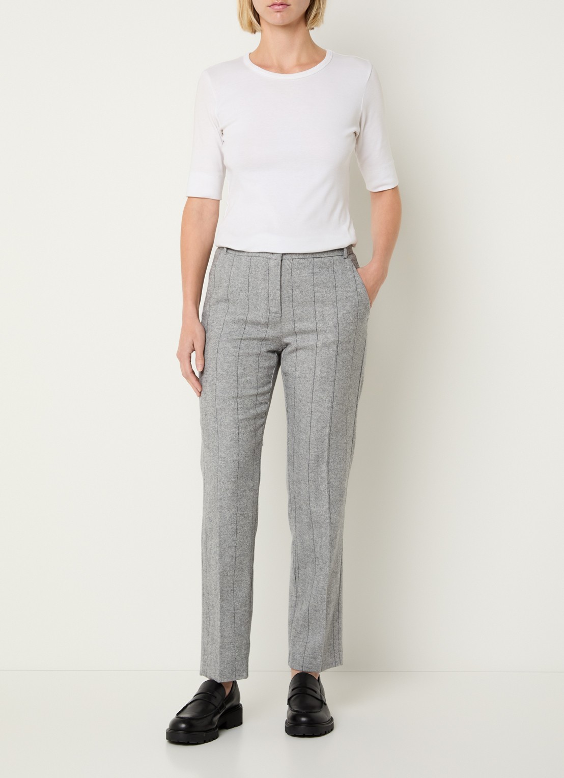 Max & Co Svezia mid waist slim fit pantalon in wolblend met visgraatdessin - voorkant 4 grijsmele