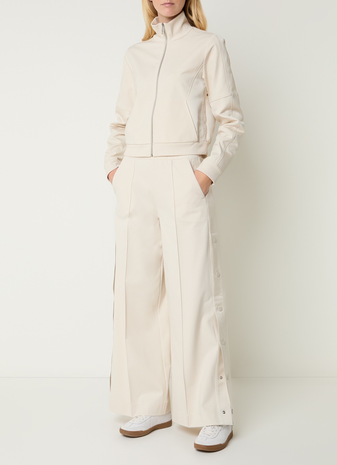 Max & Co Ululato high waist wide fit pantalon met logo en persplooi - voorkant 2 beige