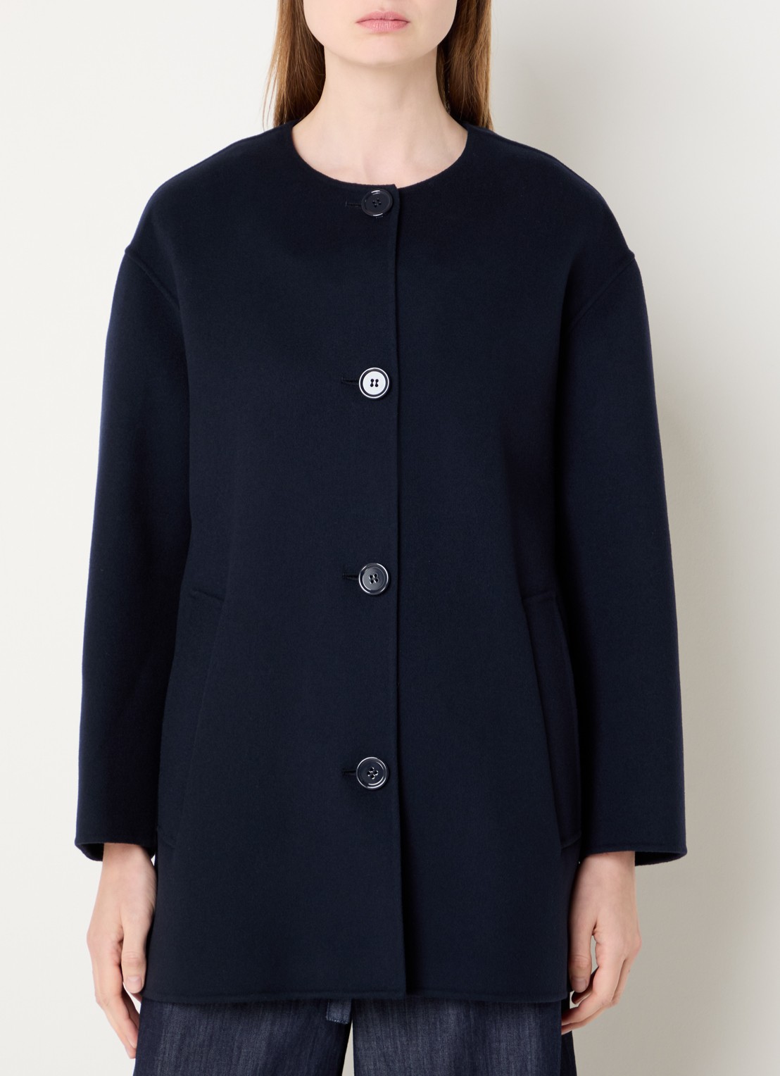 Max Mara Alicia mantel van scheerwol met steekzakken en sjaalkraag - detail 3 donkerblauw