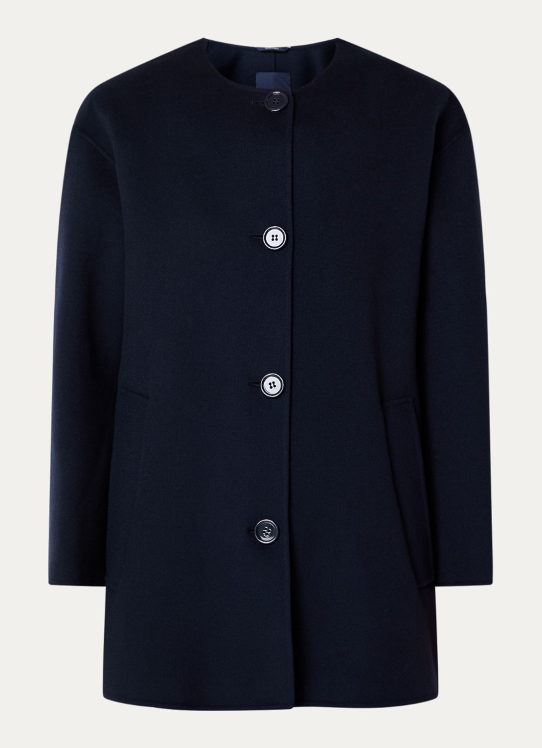 Max Mara Alicia mantel van scheerwol met steekzakken en sjaalkraag - voorkant donkerblauw