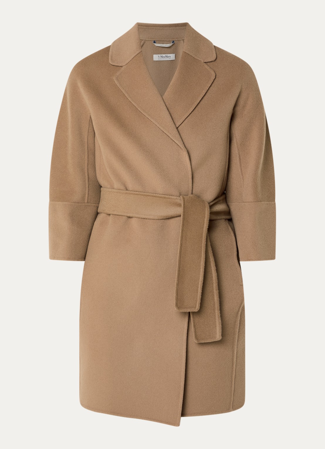 Max Mara Arona mantel van scheerwol met steekzakken en strikceintuur - voorkant camel