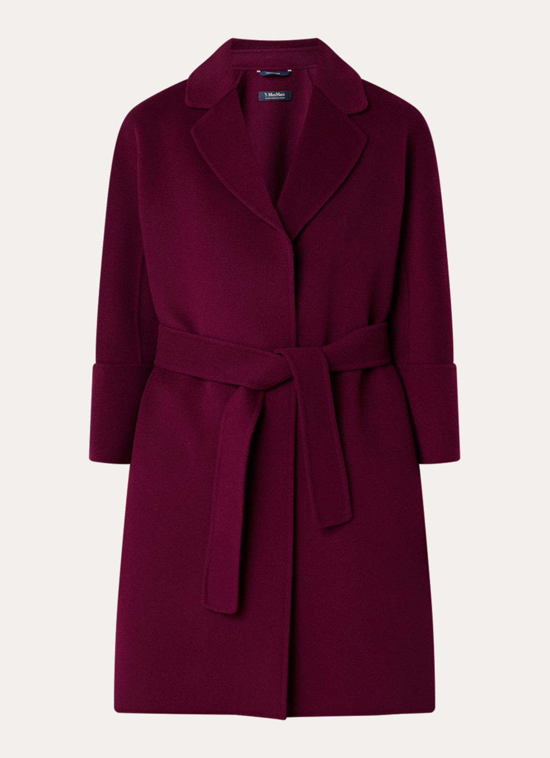 Max Mara Arona mantel van scheerwol met steekzakken en strikceintuur - voorkant bordeauxrood
