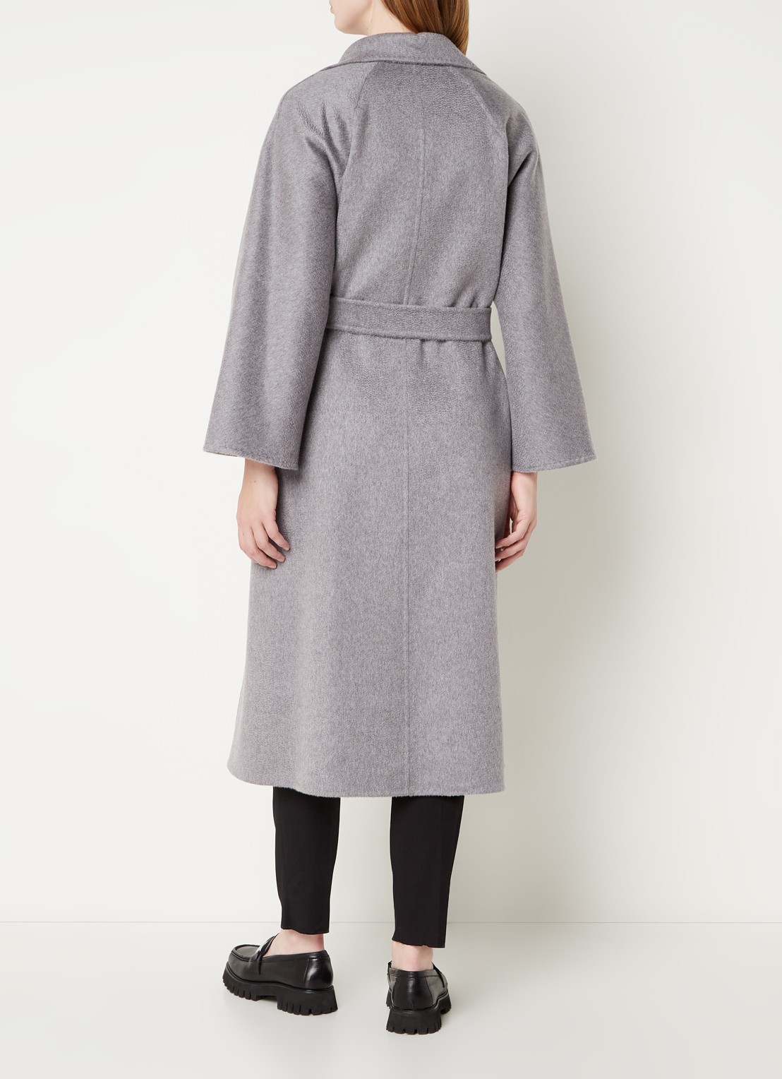 Max Mara Arona mantel van scheerwol met strikceintuur - achterkant lichtgrijs