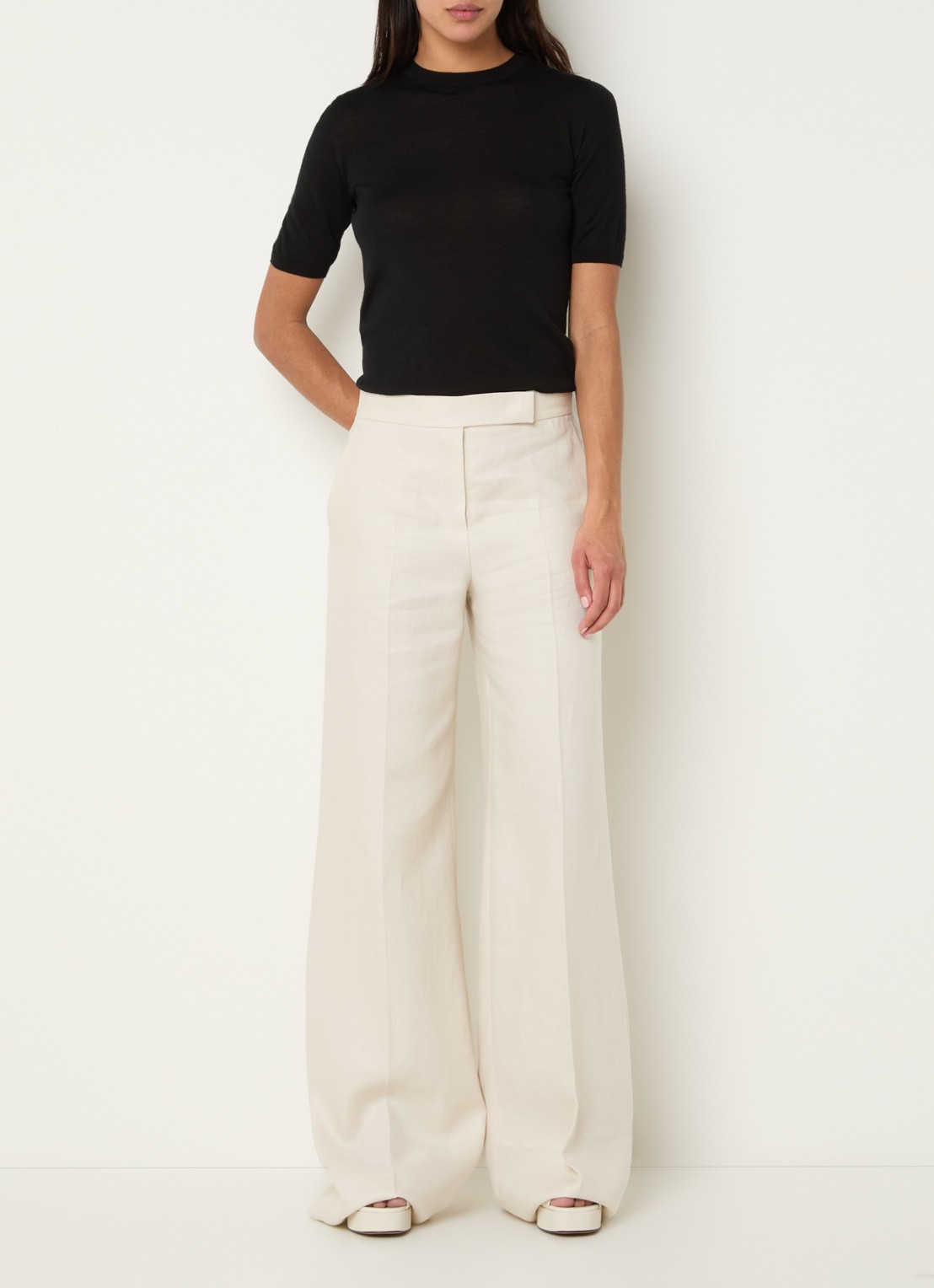 Max Mara Badesse high waist wide fit pantalon van linnen met steekzakken - voorkant 4 creme