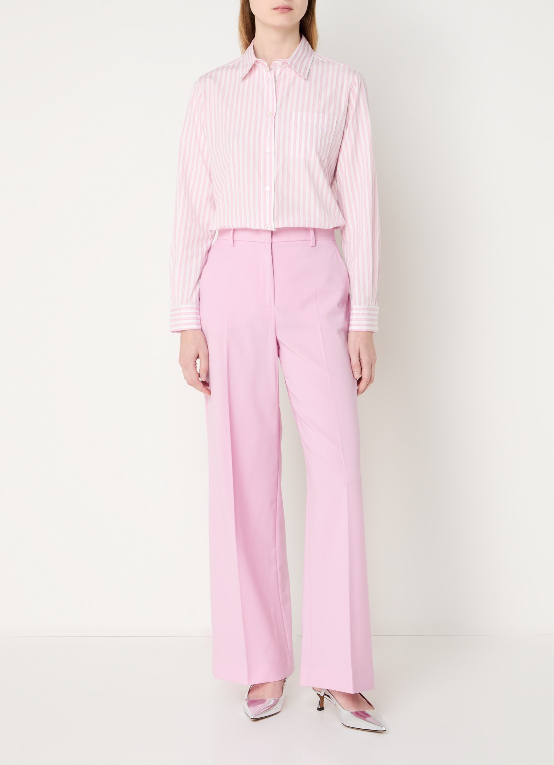 Max Mara Bahamas blouse met streepprint en borstzak - voorkant 5 roze