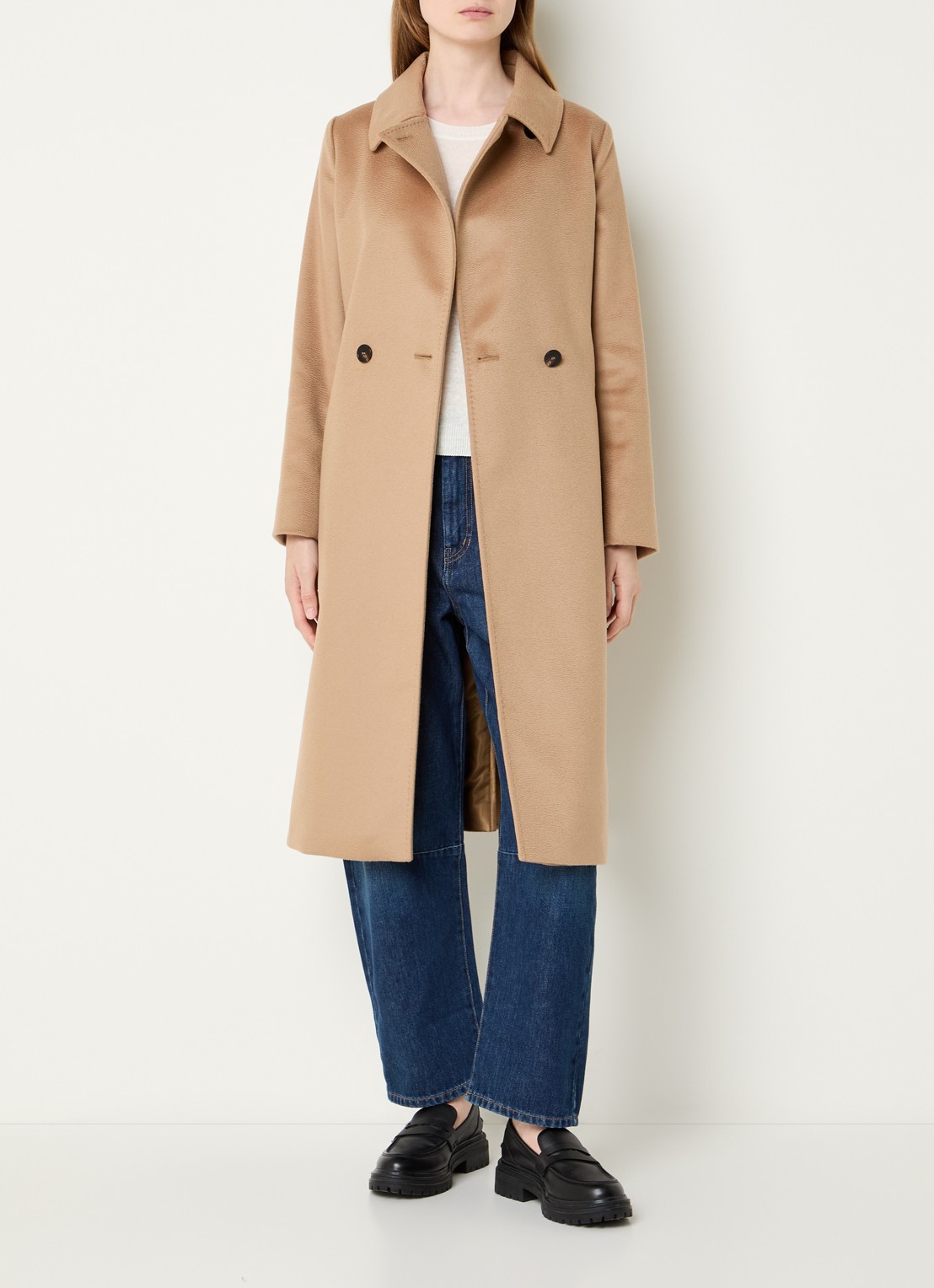 Max Mara Bcollag mantel van scheerwol met strikceintuur - voorkant 3 camel
