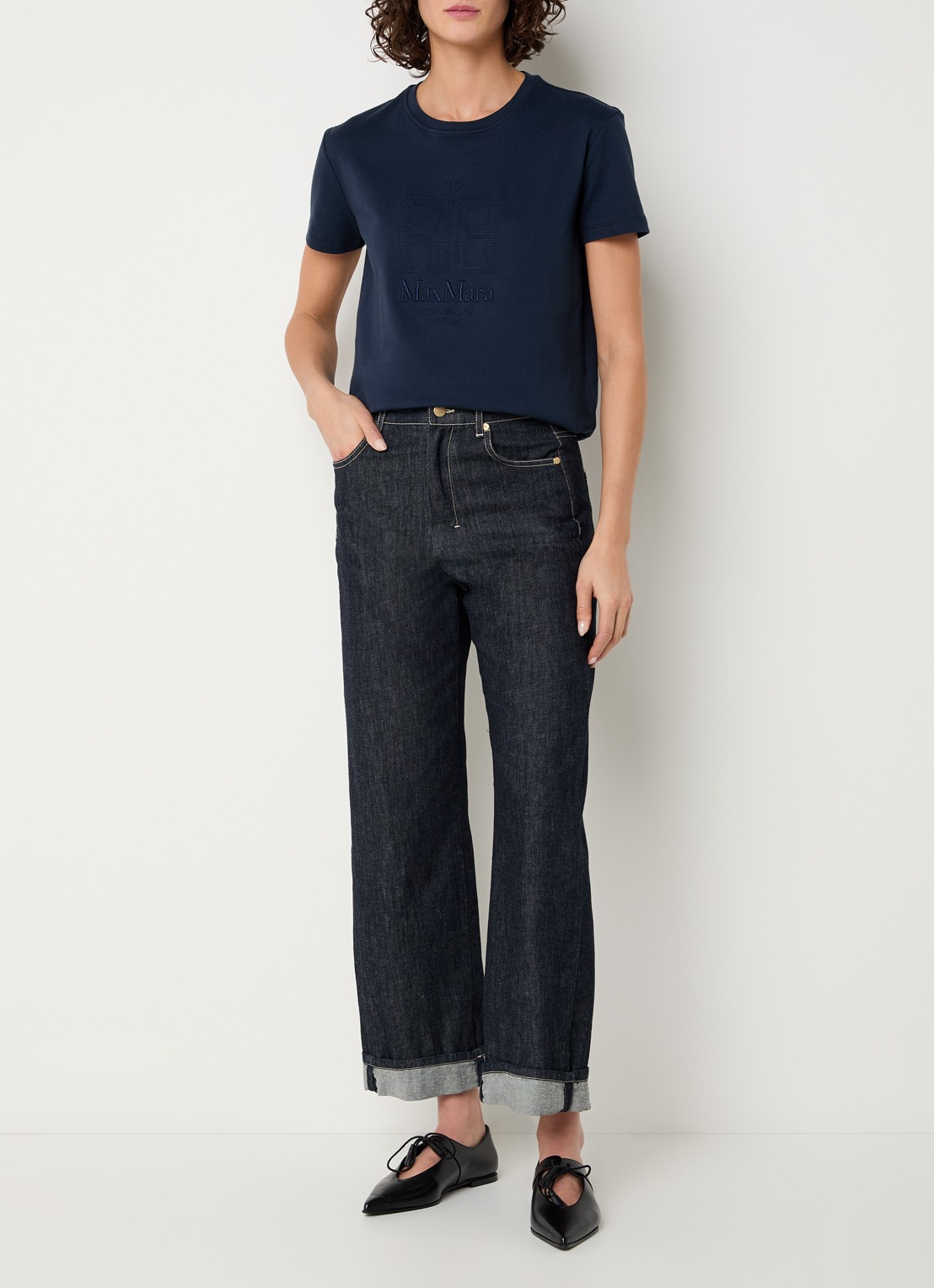 Max Mara Bella T-shirt met logoprint - voorkant 3 donkerblauw