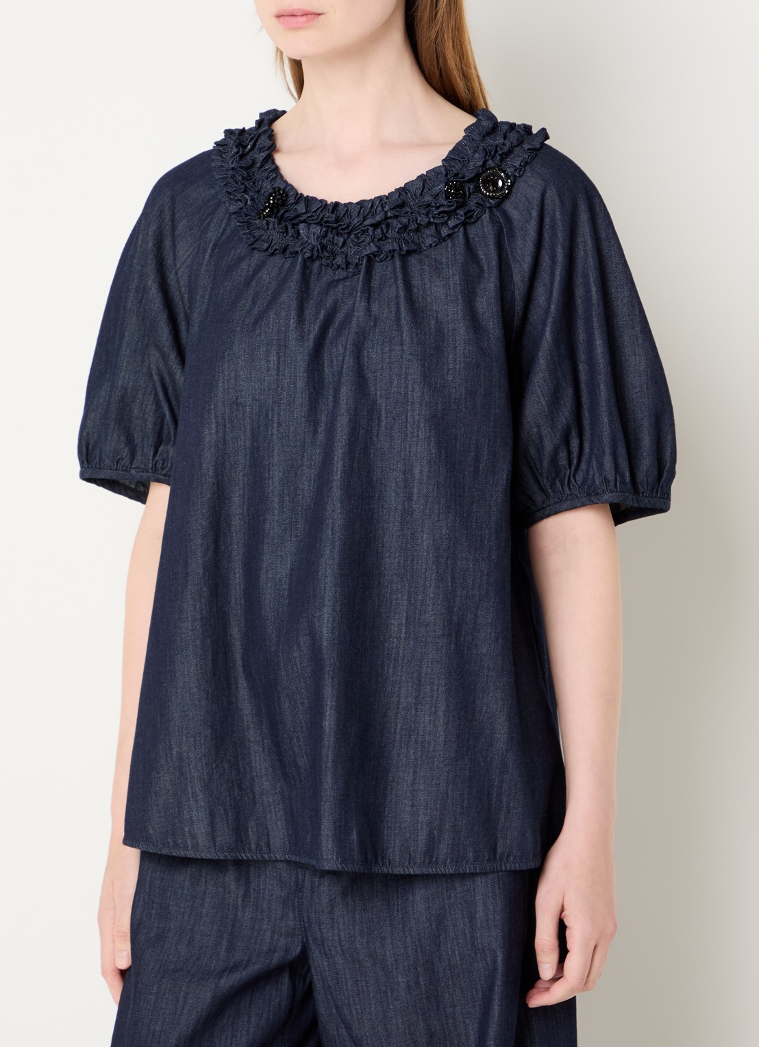 Max Mara Catia tuniek van denim met ballonmouw en strass - detail 2 indigo