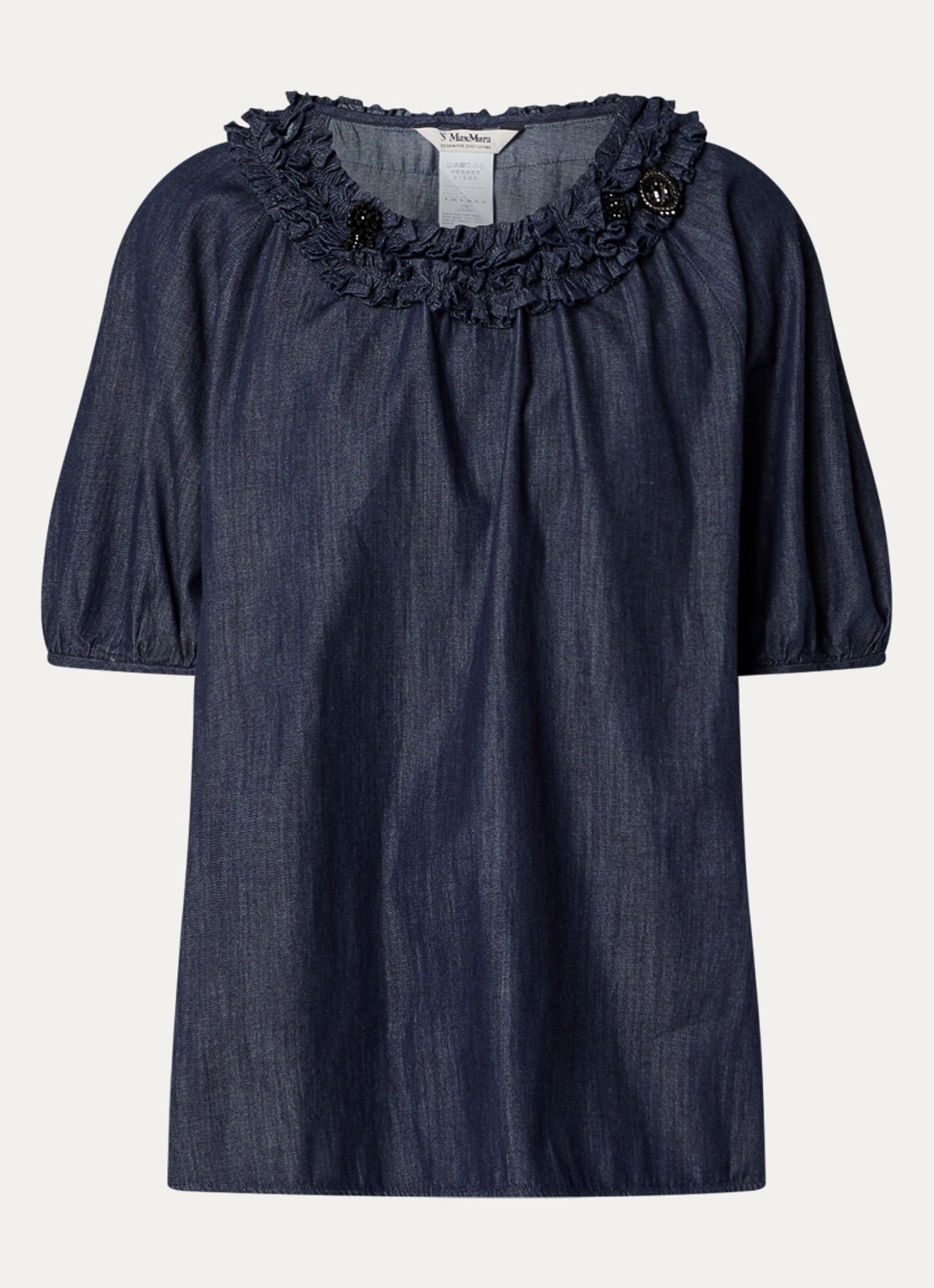 Max Mara Catia tuniek van denim met ballonmouw en strass - voorkant 3 indigo