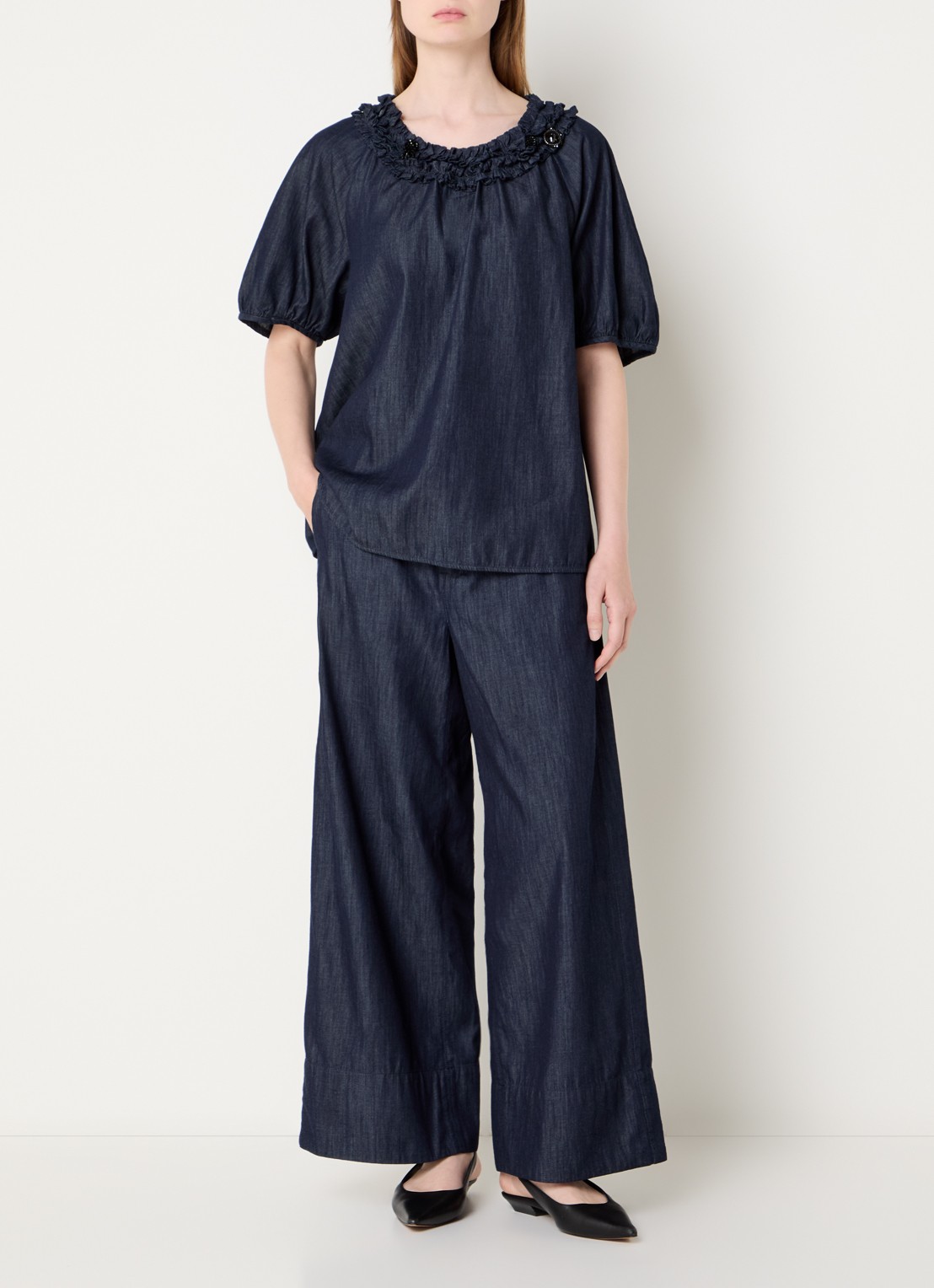 Max Mara Catia tuniek van denim met ballonmouw en strass - voorkant 4 indigo