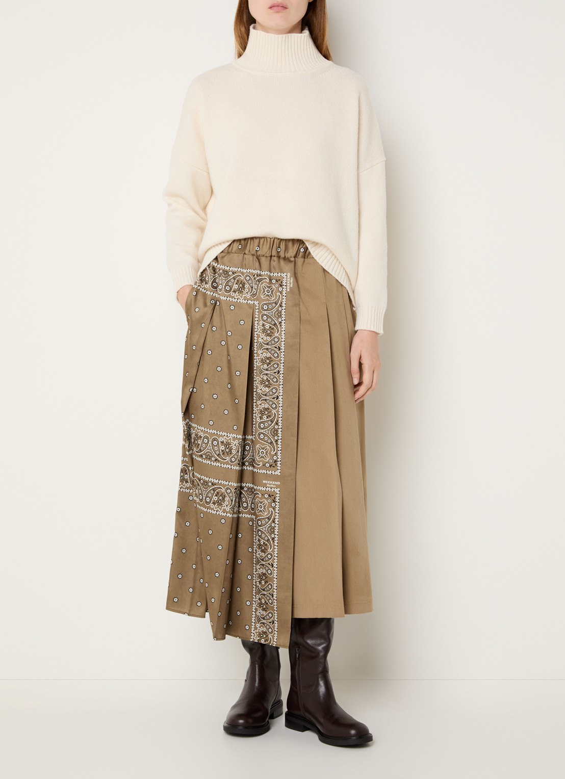 Max Mara Ceci midi plooirok met paisley dessin en asymmetrische zoom - voorkant 2 lichtbruin