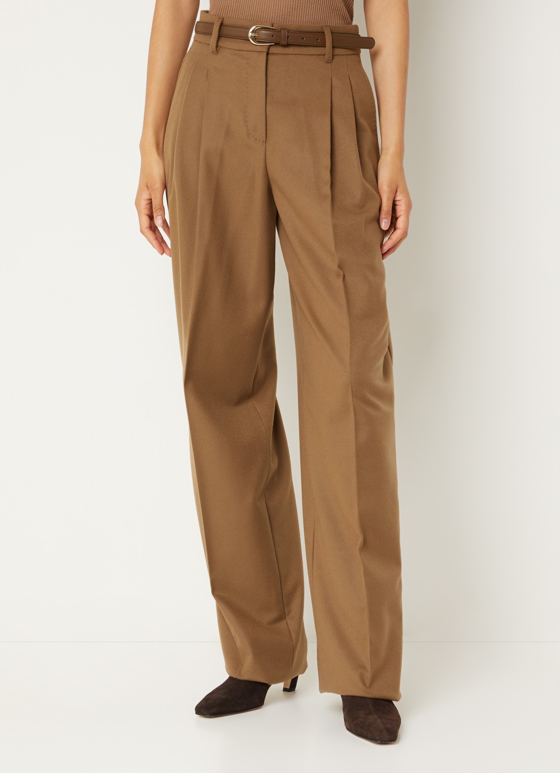 Max Mara Cocco high waist wide fit pantalon van wol - detail 3 lichtbruin