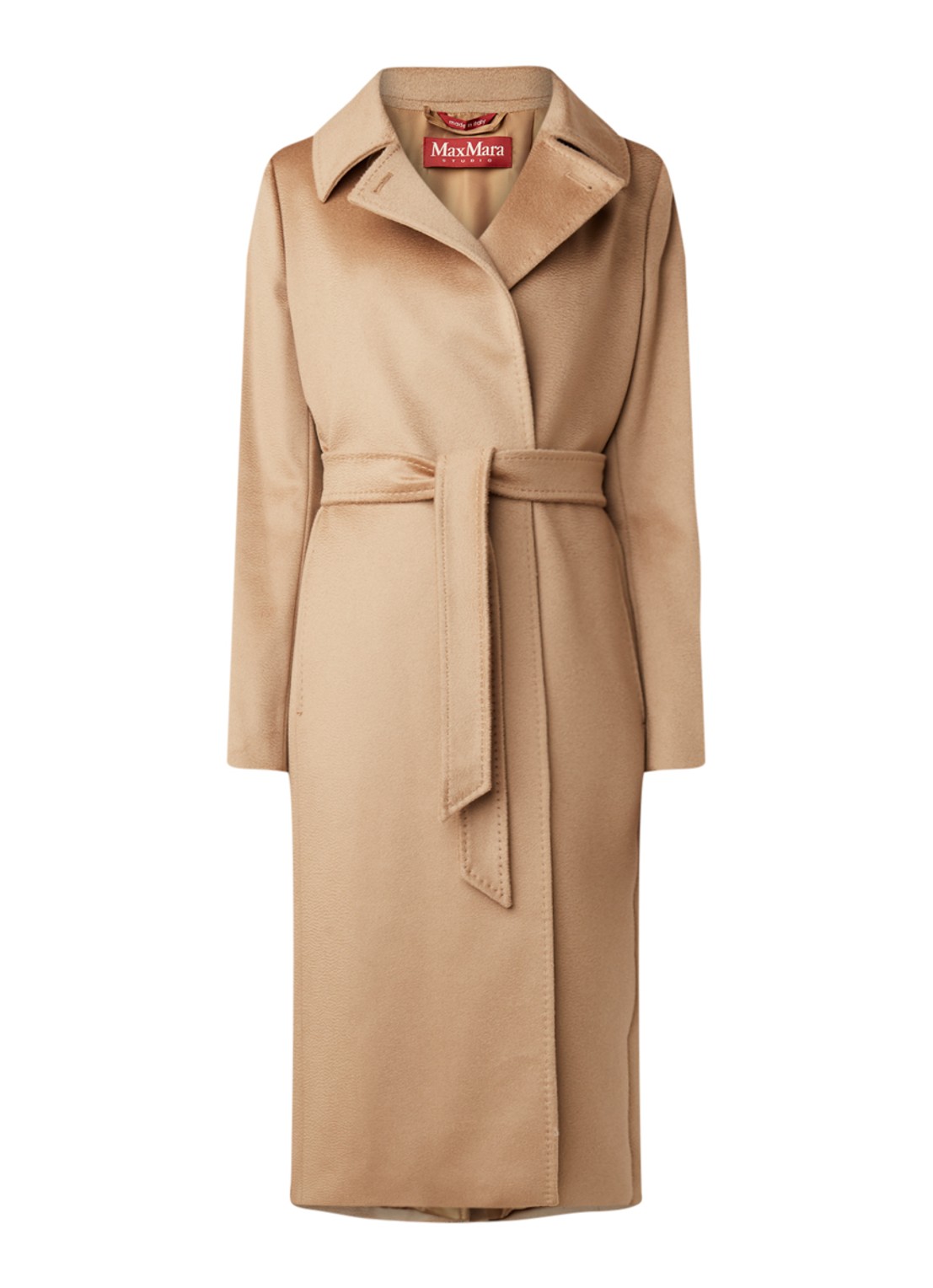 Max Mara Collage mantel in wolblend met strikceintuur - voorkant camel